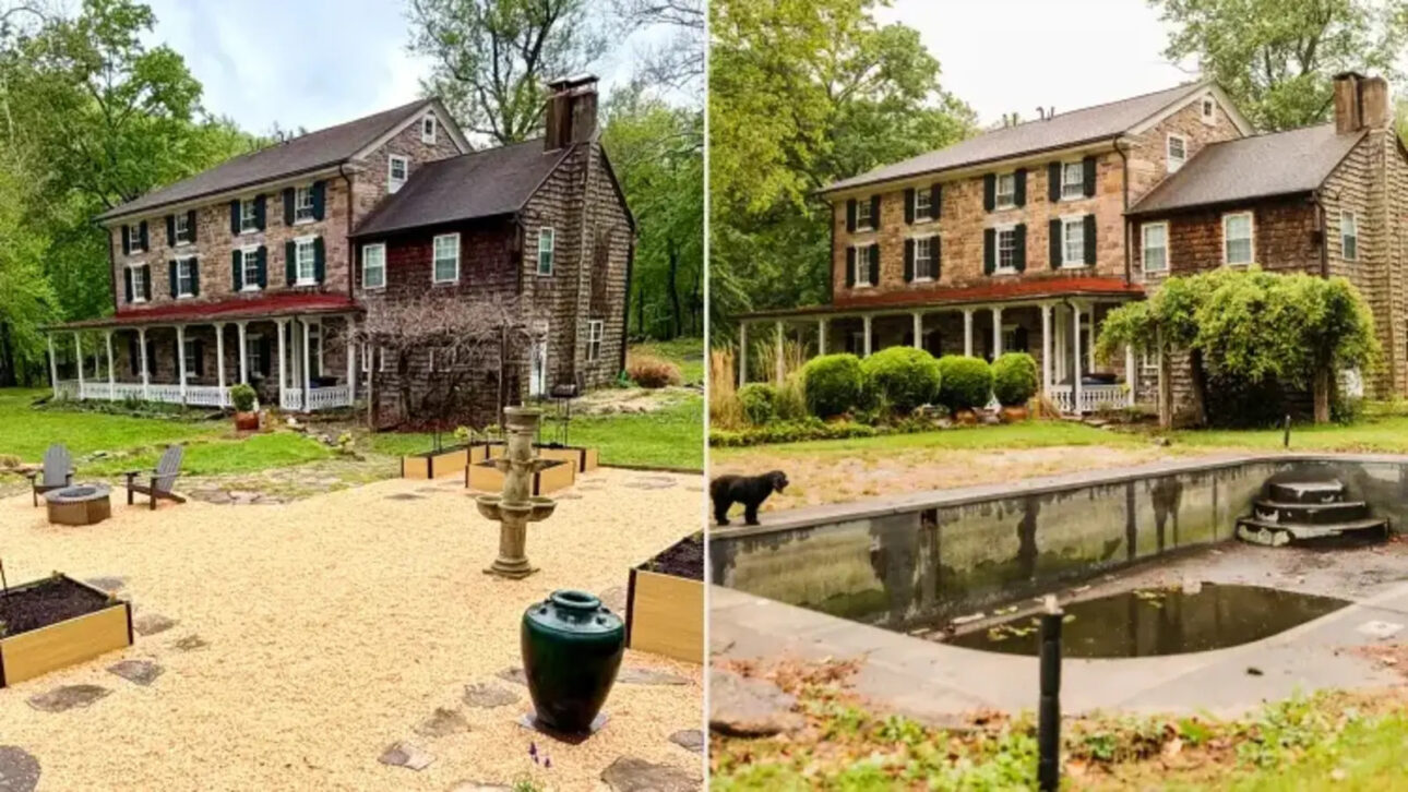 Família compra casa histórica da década de 1830 na Pensilvânia, encontra piscina abandonada “cheia de cobras” no quintal e decide gastar US$ 15,5 mil para transformar o problema em um jardim funcional