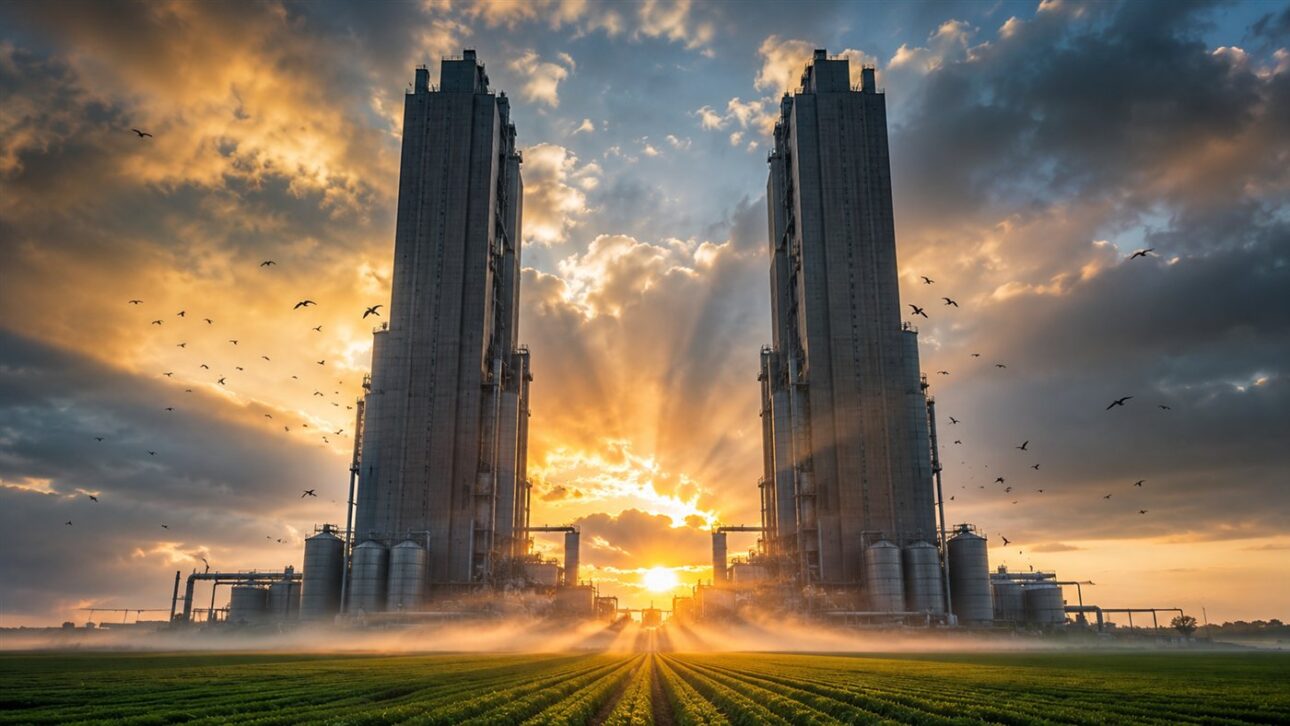 Torres gemelas del criadero vertical se alzan sobre el paisaje como un condominio industrial de 26 pisos.