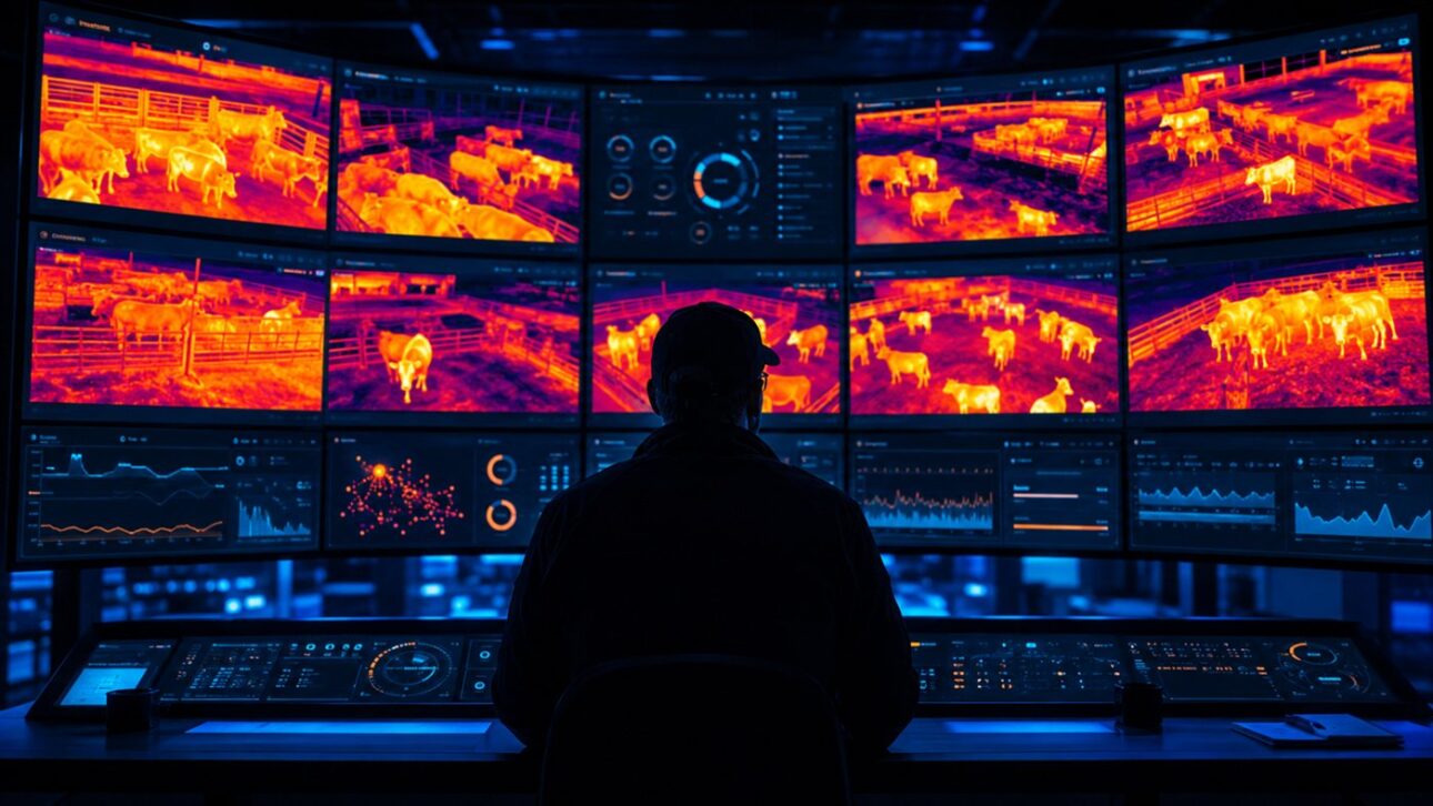 Panel de la sala de control muestra imágenes térmicas e indicadores de los animales monitoreados por la IA en cada corral.