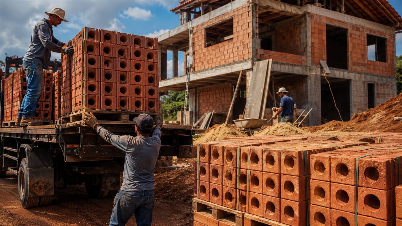 O caminhão descarrega os milheiros de tijolos ecológicos comprados direto da fábrica.