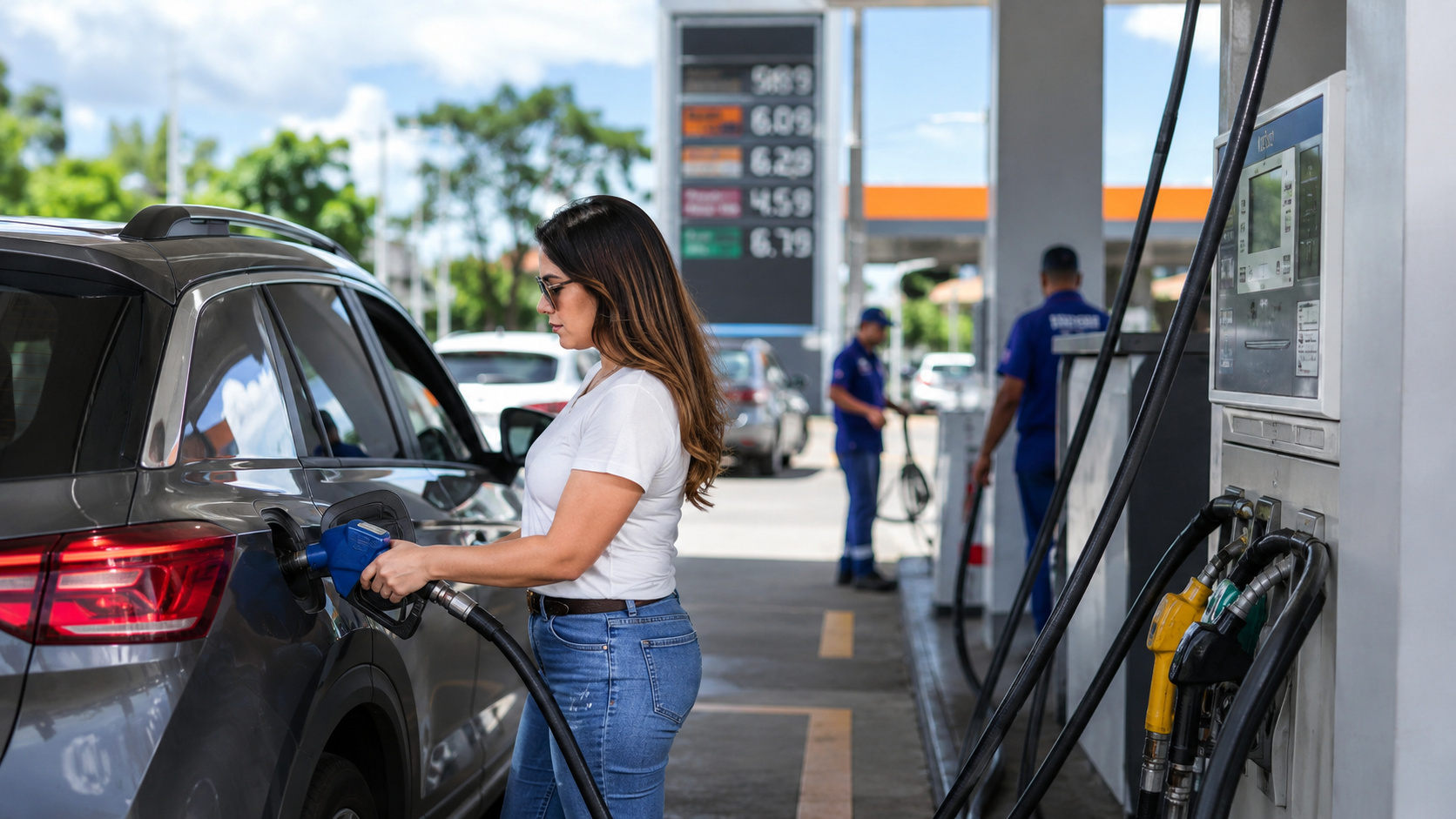 Motorista abastecendo carro em posto de gasolina após declaração da presidente da Petrobras sobre mudanças nos preços.