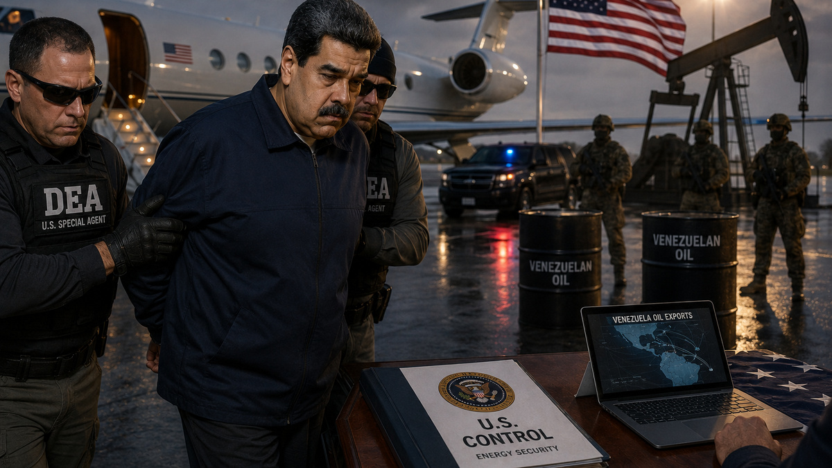 Nicolás Maduro é escoltado por agentes dos Estados Unidos em um cenário com avião oficial, bandeira americana, barris de petróleo e estrutura de extração, simbolizando a prisão do líder venezuelano e o controle das exportações de petróleo da Venezuela pelos EUA.