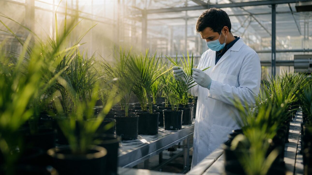 Mudas de tamareira em ambiente controlado de quarentena vegetal, etapa obrigatória antes do plantio em solo brasileiro.