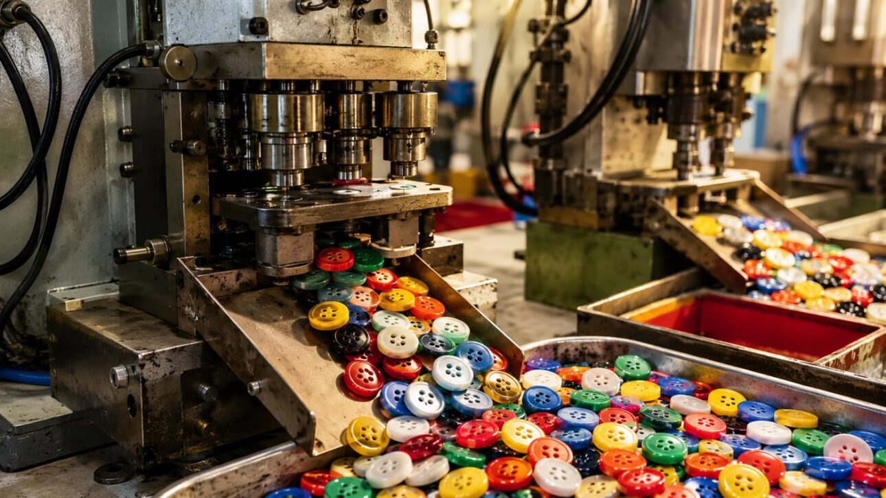 Máquinas estampando e furando botões em ritmo industrial numa pequena fábrica de Qiaotou