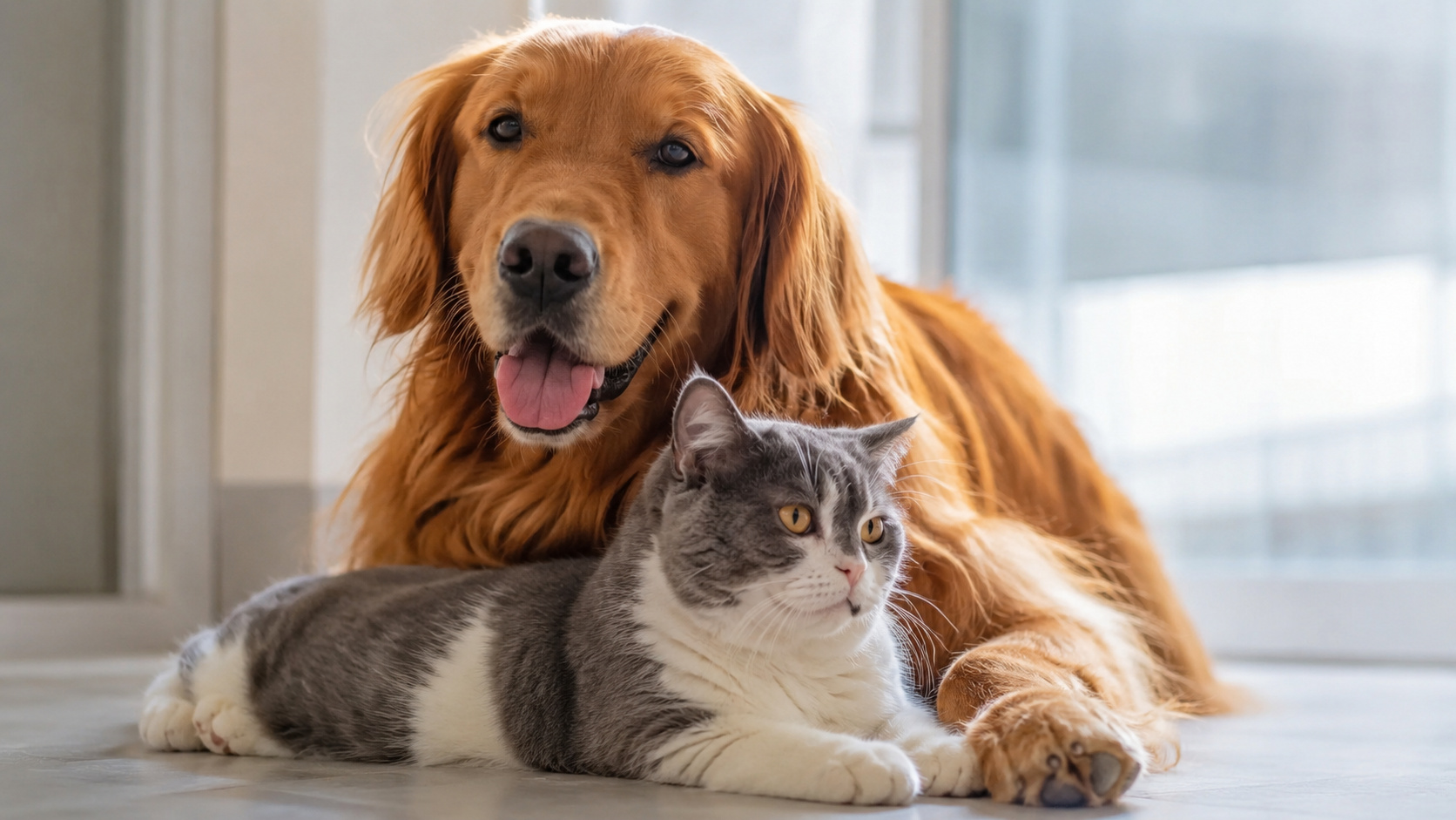 Cão golden retriever e gato cinza descansando juntos em ambiente doméstico iluminado, representando a longevidade e o bem-estar dos pets.