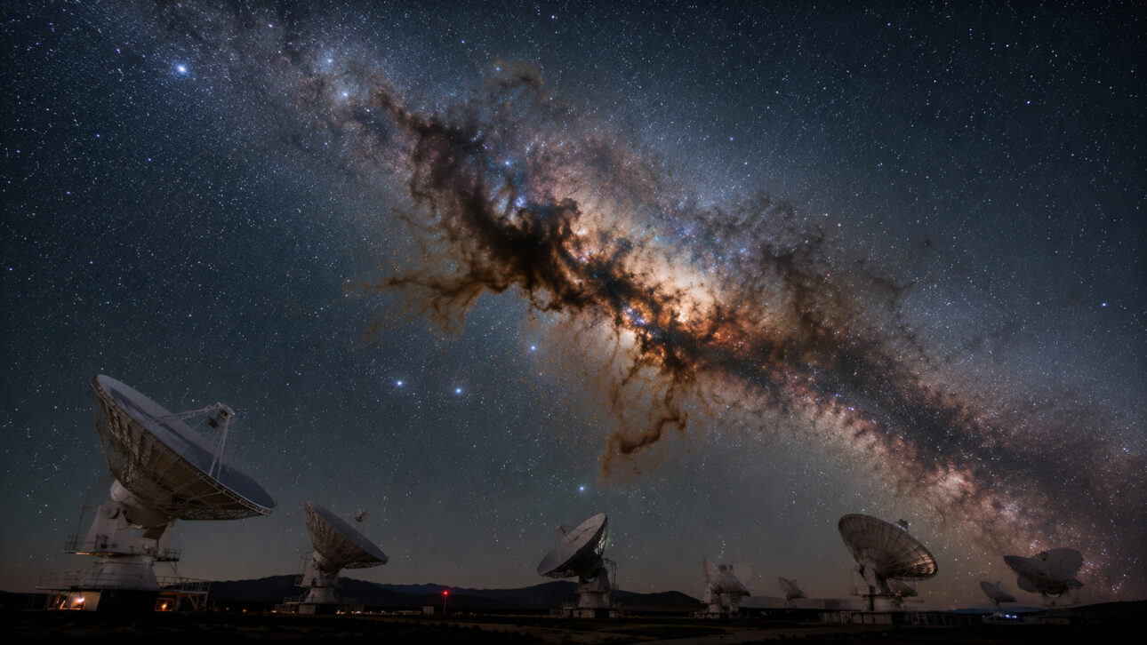 laboratório moderno de astrobiologia com pesquisadora analisando dados astronômicos em grandes telas enquanto imagens da Via Láctea aparecem ao fundo, ambiente científico realista, fotografia documental, ultra realista, proporção 16:9.