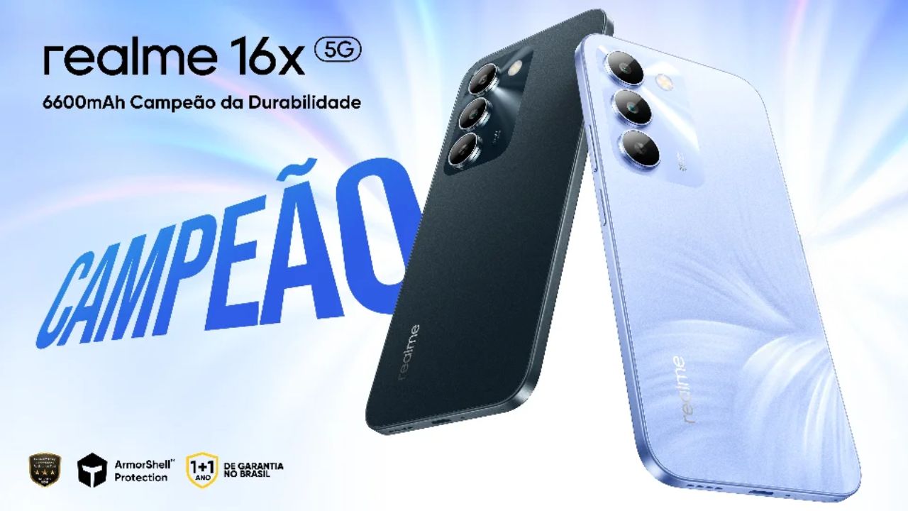 Realme 16x 5G foi lançado no Brasil com bateria de 6.600 mAh, tela de 6,8 polegadas, câmera de 50 MP e duas versões de armazenamento.