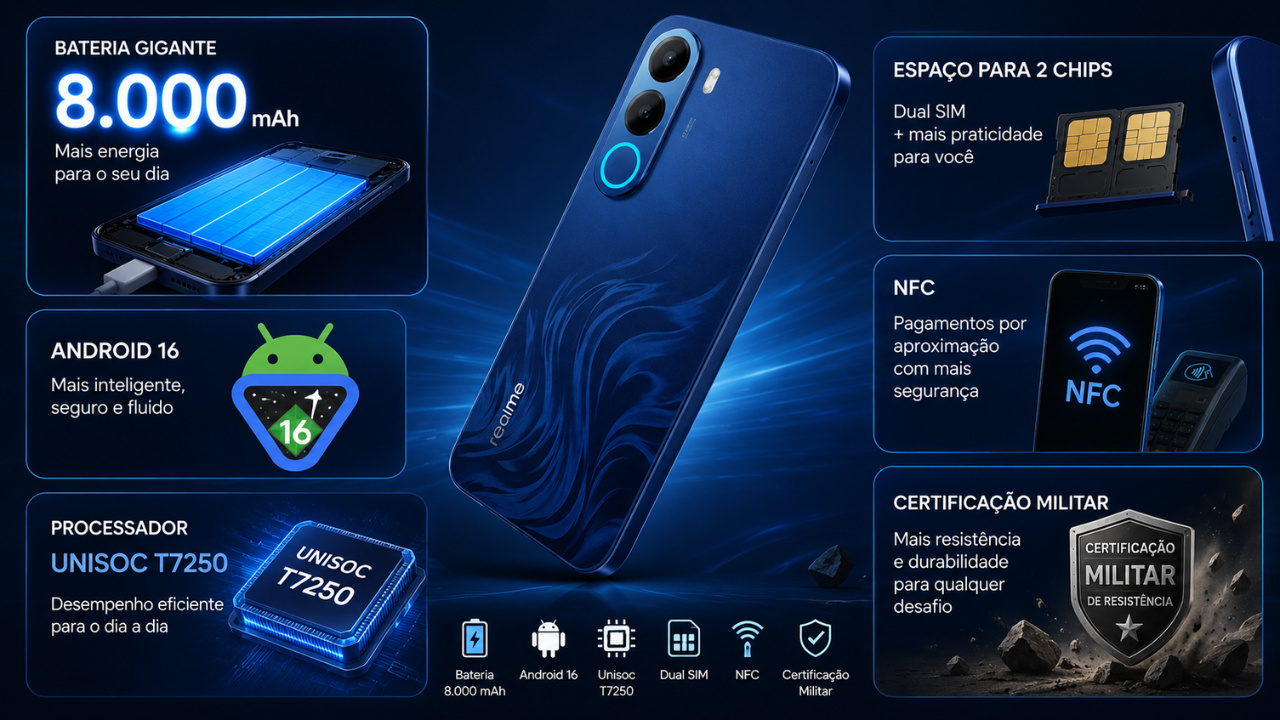 Realme C100x é anunciado no Brasil com bateria de 8.000 mAh, tela de 120 Hz, câmera de 50 MP e resistência militar.