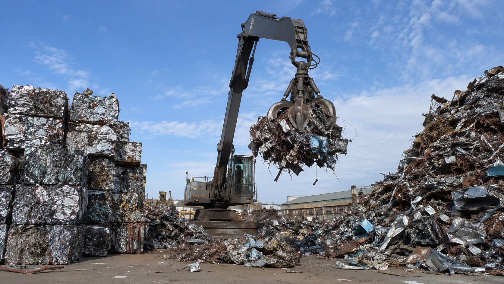 Um grande pátio de reciclagem com montanhas de sucata metálica prensada, uma garra mecânica erguendo ferro velho sob a luz do dia, simbolizando o mercado bilionário da reciclagem de metais e a economia circular.