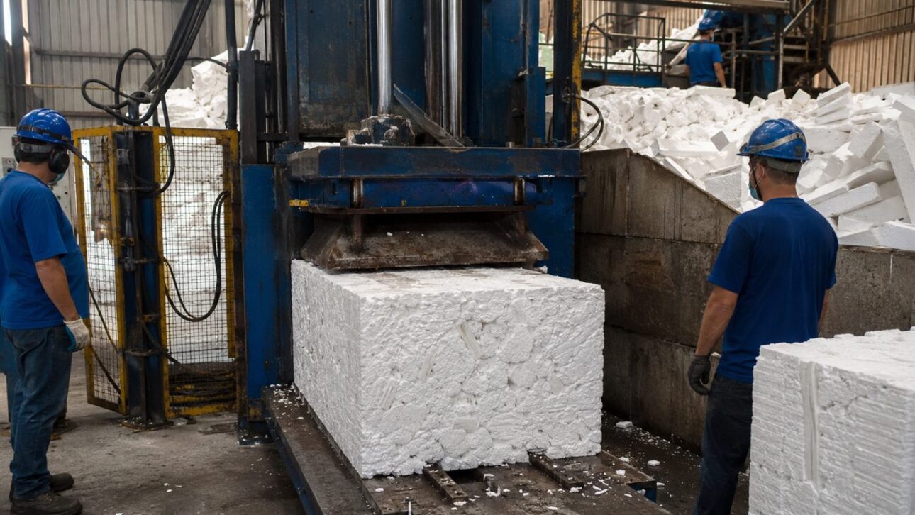 En la planta de Joinville, el isopor es compactado y transformado en materia prima para nuevos productos