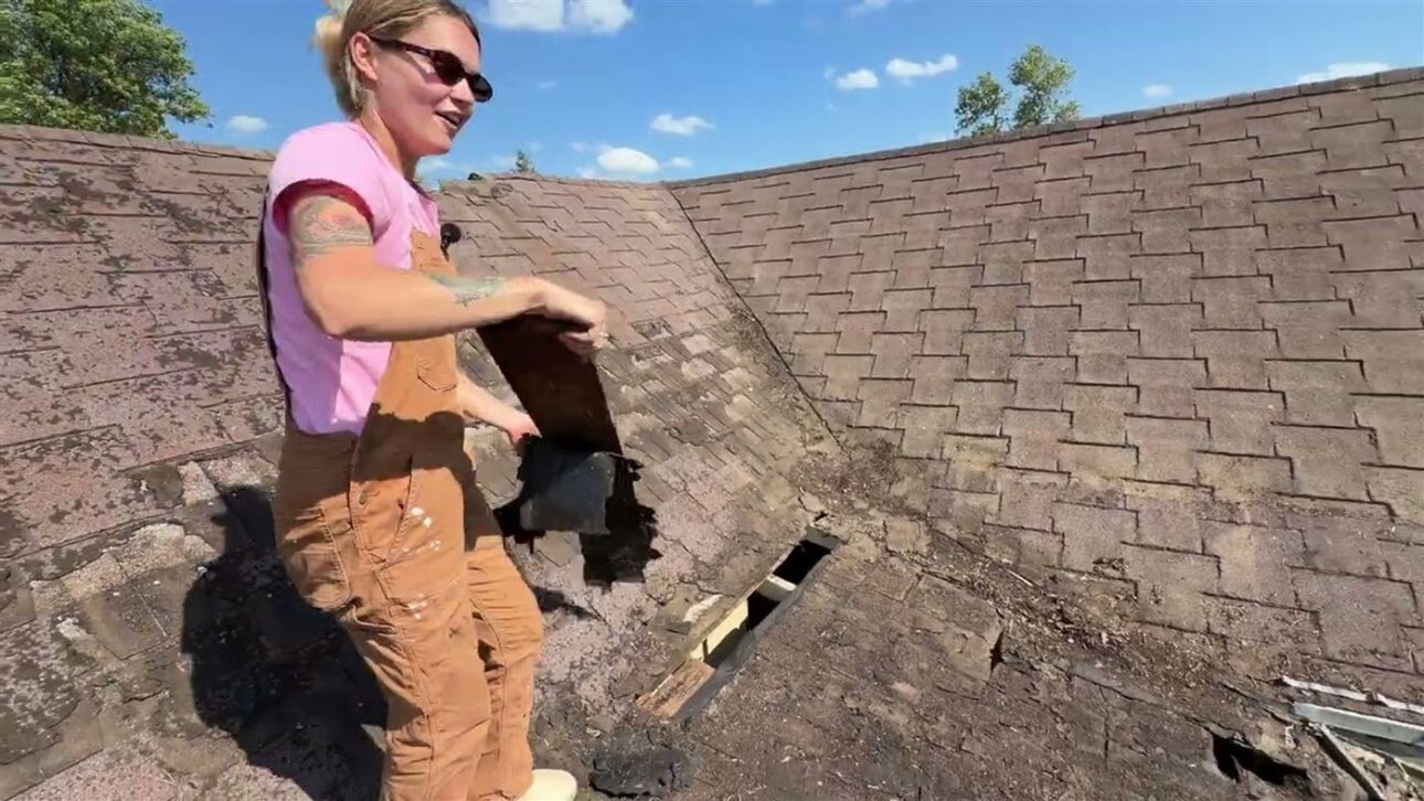 Renovation of abandoned house replaces the roof with red steel sheet over old tiles and stops a decades-long leak in 2 days; see