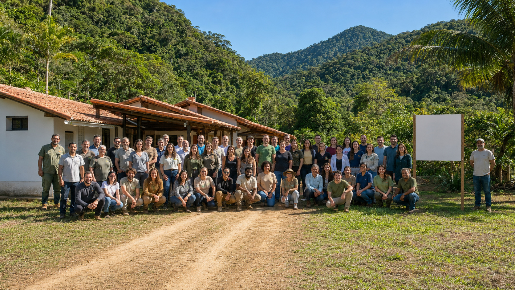 Grupo reunido diante do Centro de Referência em Restauração Ecológica, cercado pela Mata Atlântica em Silva Jardim