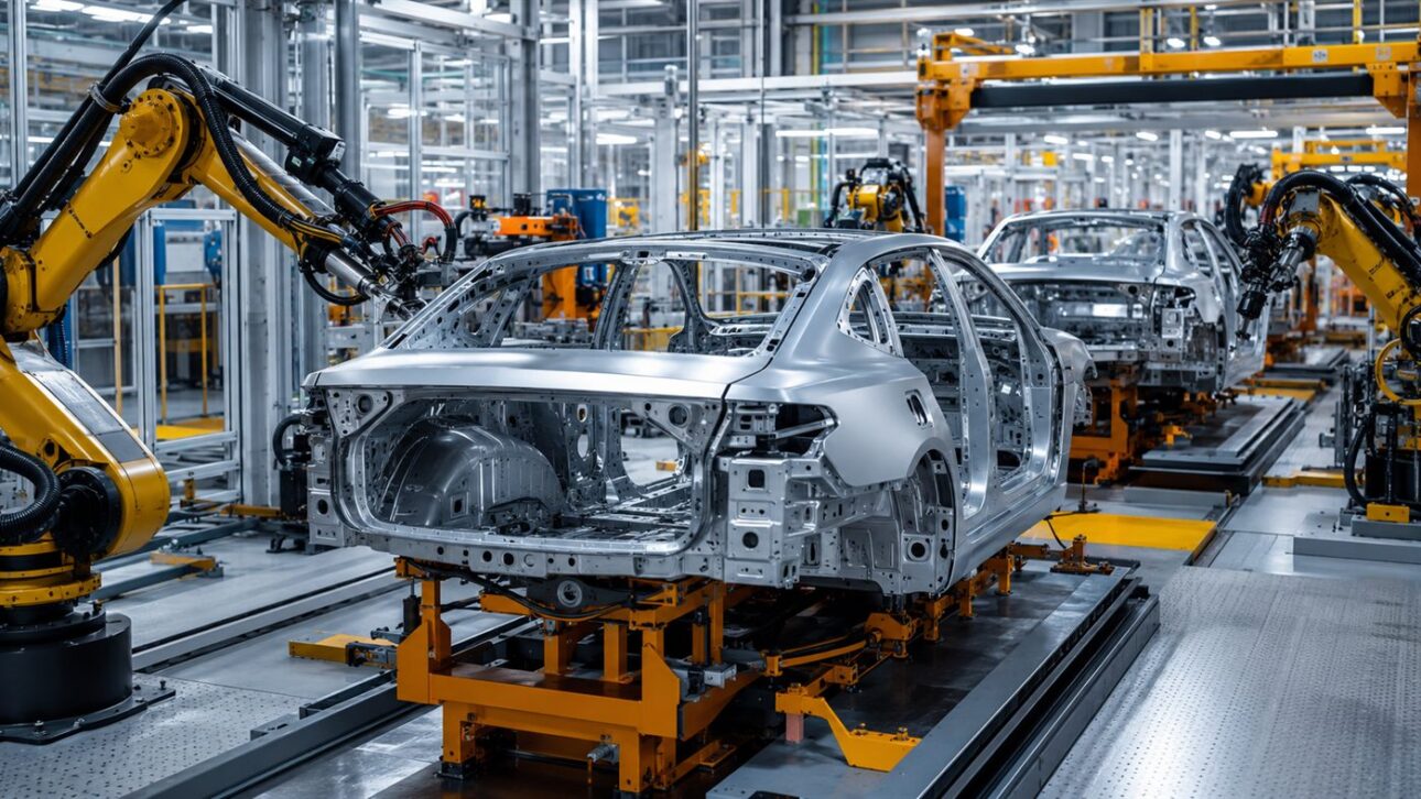 Linha de montagem de carros elétricos, o tipo de produção que a parceria quer modernizar com software novo.