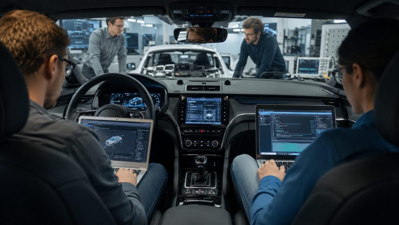 Engenheiros trabalhando no software de um carro conectado, o coração da tecnologia que a startup oferece.