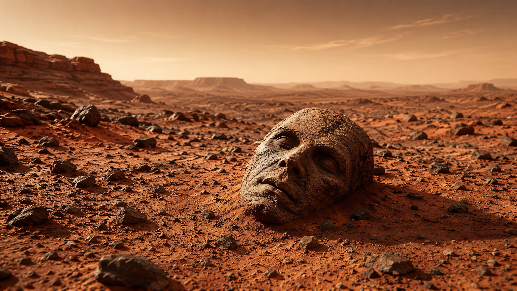Formação rochosa em Marte com aparência de um rosto humano parcialmente enterrado no solo, ilustrando o fenômeno da pareidolia observado pelo rover Perseverance da NASA.