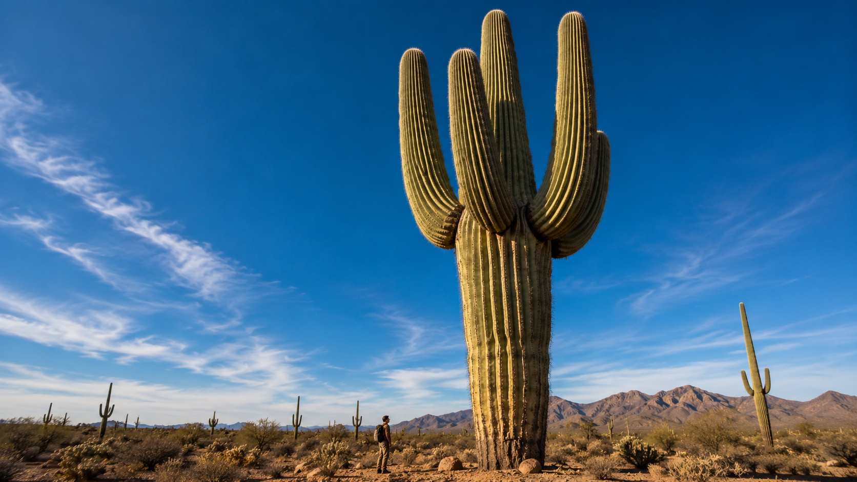 Com mais de 2 toneladas, até 15 metros de altura e vida que pode passar de 200 anos, o saguaro armazena água no próprio corpo