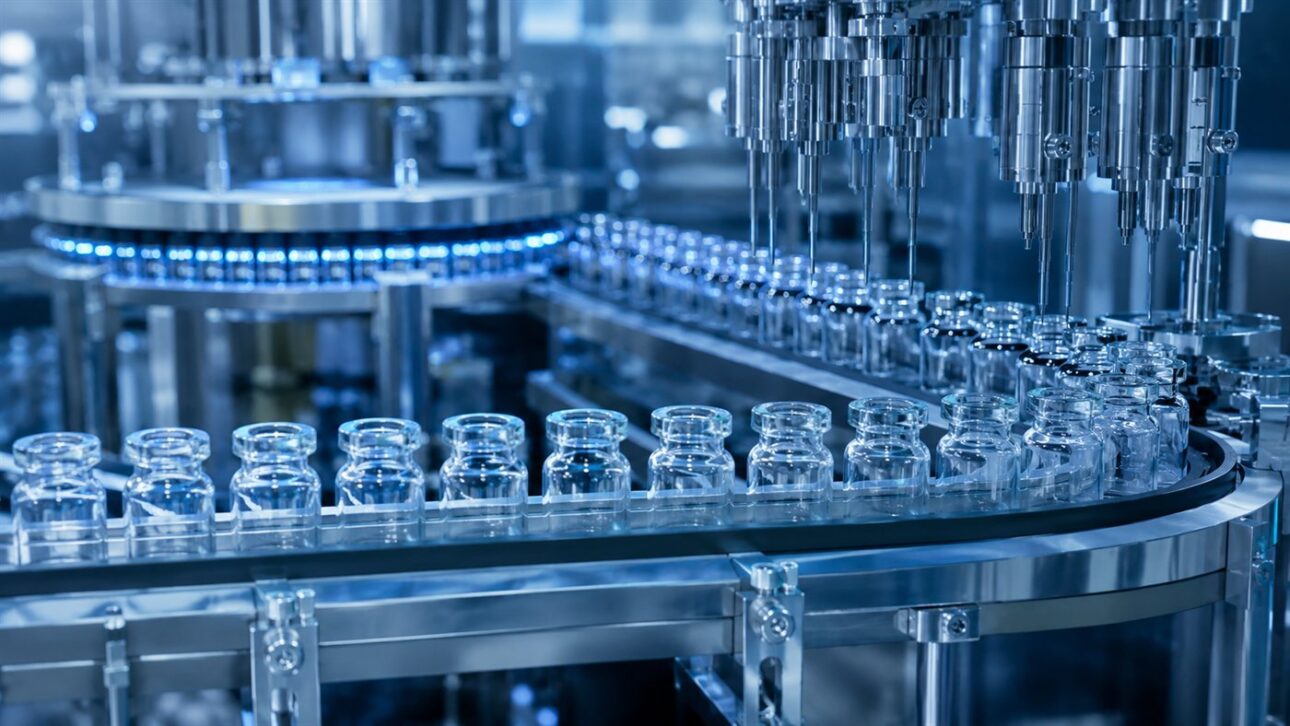 Frascos de vacina sendo inspecionados numa linha de envase farmacêutico