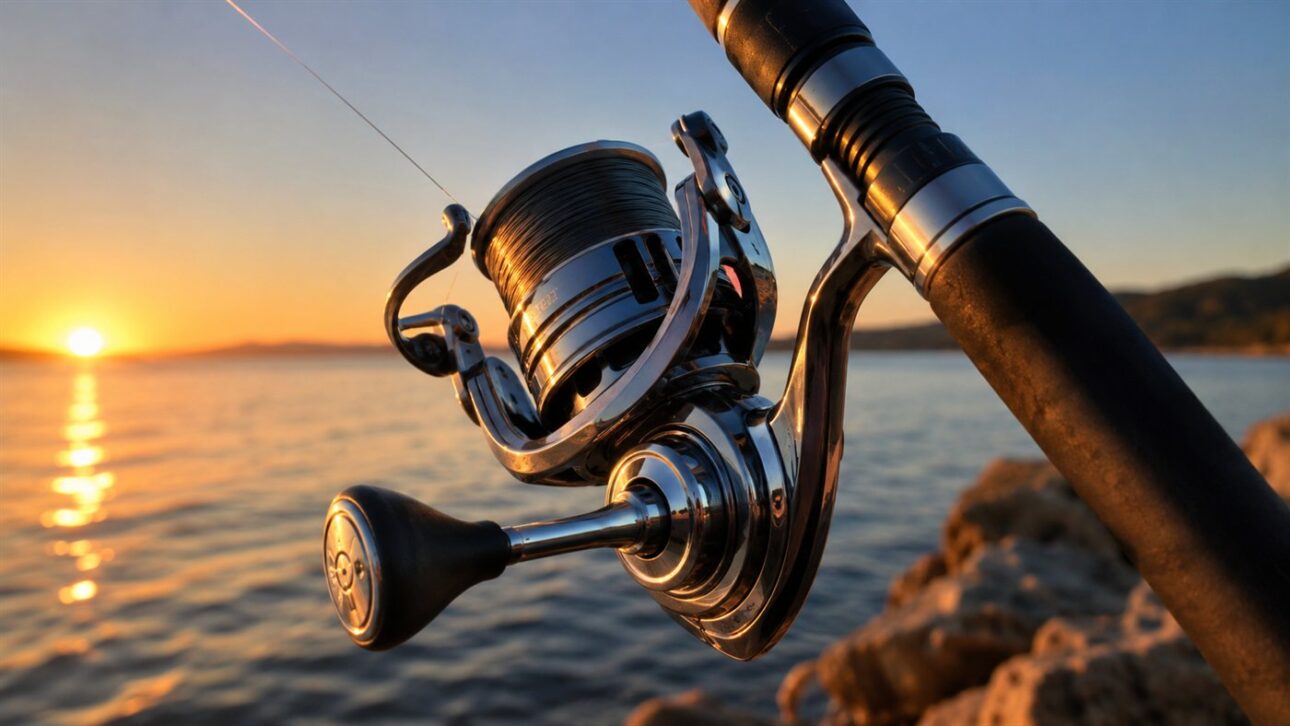 Molinete de pesca em close sobre uma vara à beira da água