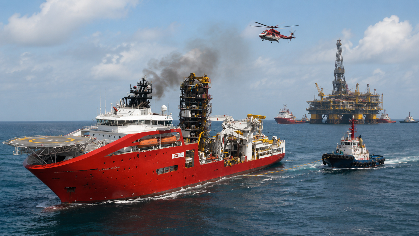 Navio de apoio offshore próximo a plataforma de petróleo durante operação de emergência na Bacia de Campos.