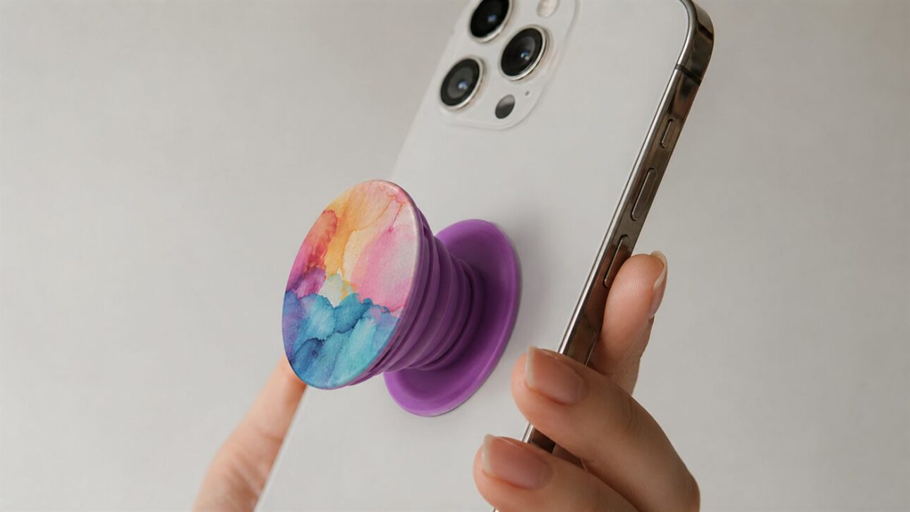 The round accessory expands and contracts like an accordion on the back of the phone.