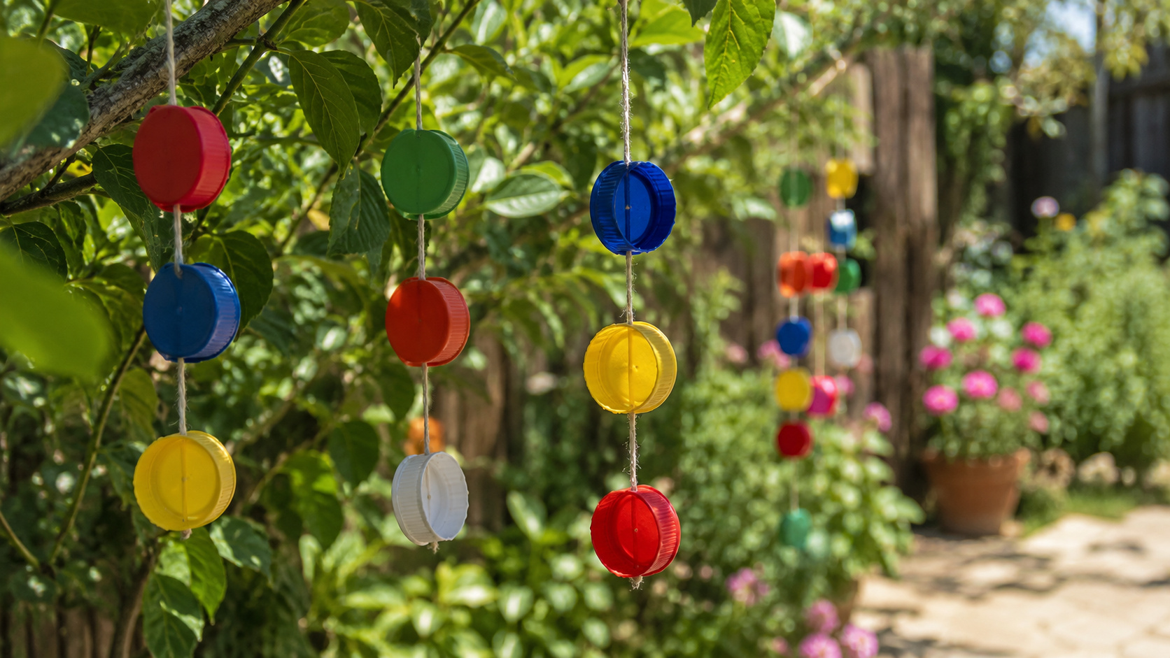 Tampas de garrafa de refrigerante coloridas penduradas em cordões entre galhos de um jardim, criando movimento com o vento para ajudar a proteger plantas, mudas e frutas por meio de reflexos e pequenos ruídos.