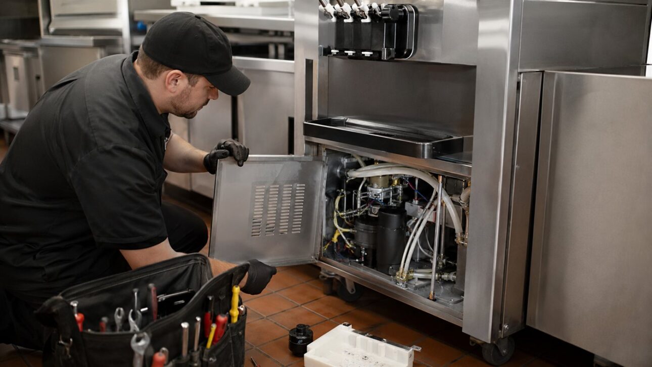 Técnico abrindo o interior de uma máquina de sorvete para manutenção