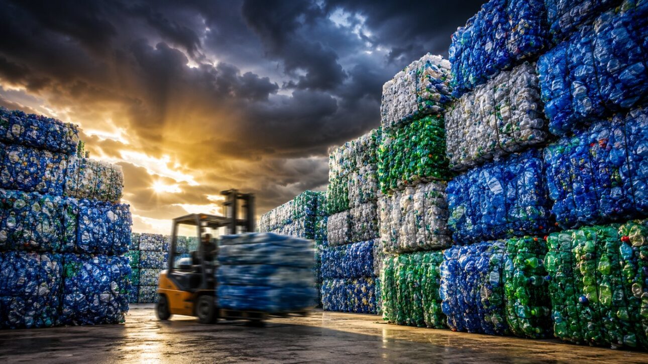 Bales of pressed plastic stacked in the concrete yard await processing at the recycler.