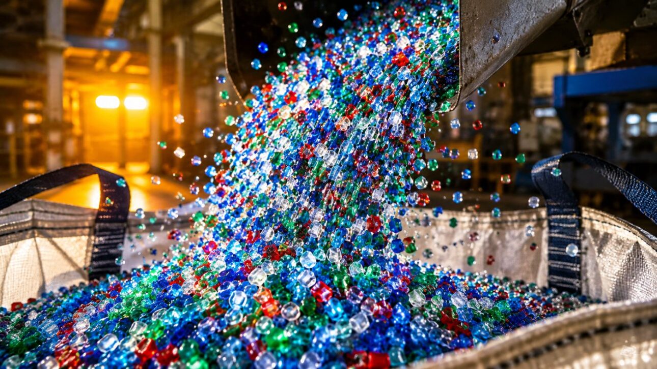 Colored grains of recycled resin exit the extruder and fill the packaging on the production line.
