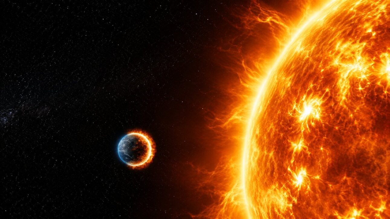 El planeta visto desde el espacio con el Sol creciendo en el horizonte, cada vez más brillante.