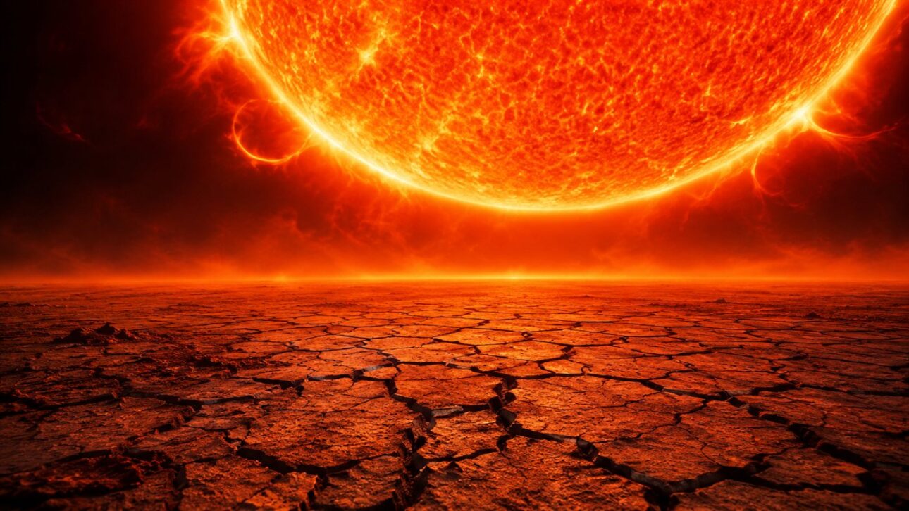 La superficie agrietada y seca del planeta bajo un Sol gigante y rojizo al final de la era habitable.