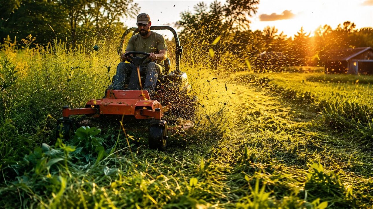 The lawnmower advances over the tall grass that took over the house's land.