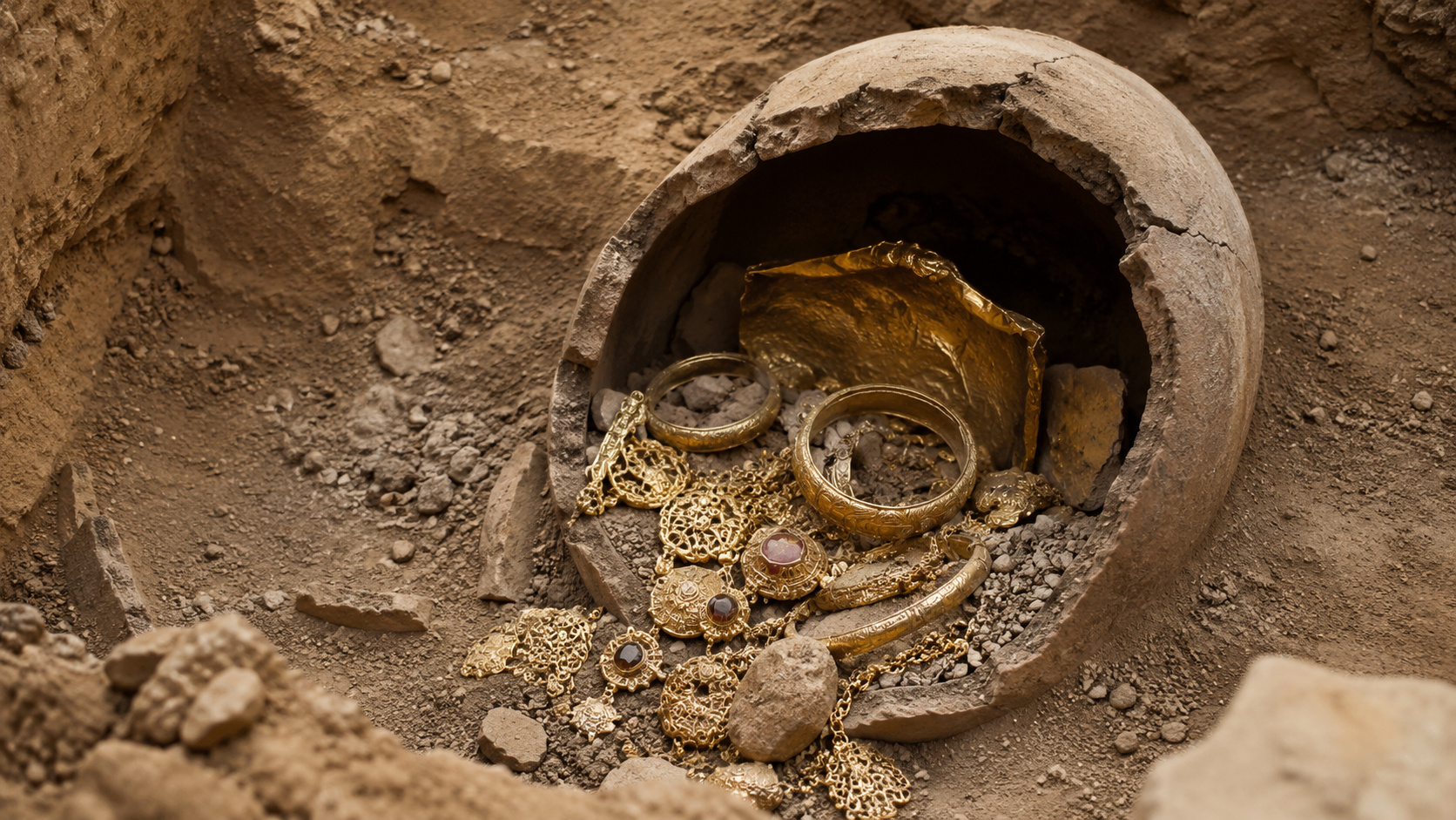 Vaso de cerâmica escavado em sítio arqueológico na Arábia Saudita contendo joias de ouro, peças ornamentadas e fragmentos metálicos, ilustrando a descoberta do Tesouro de Dhariyah, datado de cerca de 1.200 anos.