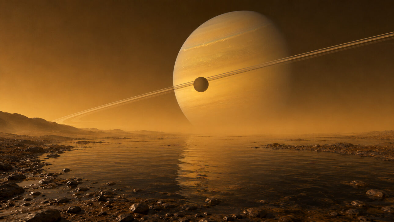 Vista da superfície de Titã com lagos de metano e Saturno gigante ao fundo com seus anéis, em representação baseada em dados científicos da missão Cassini-Huygens.