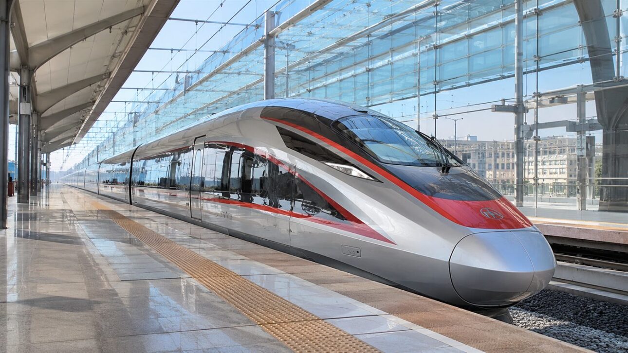 Trem de alta velocidade elétrico numa estação moderna, o modelo que a Brightline quer levar ao deserto americano.