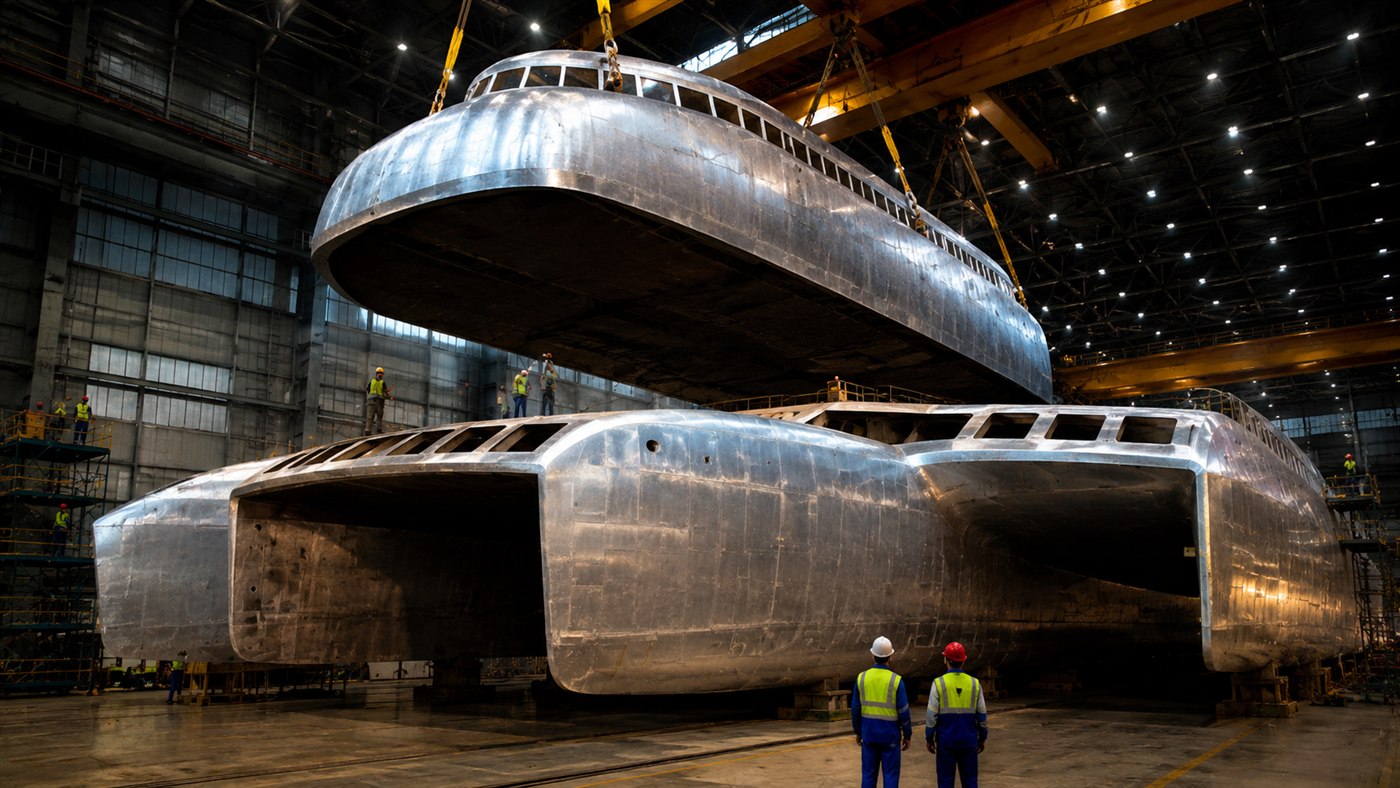 Megafábrica da Austal ergue um trimarã ferry de alta velocidade de 380 pés e US$ 74 milhões, com 1.100 passageiros e 38 nós; veja a montagem do casco