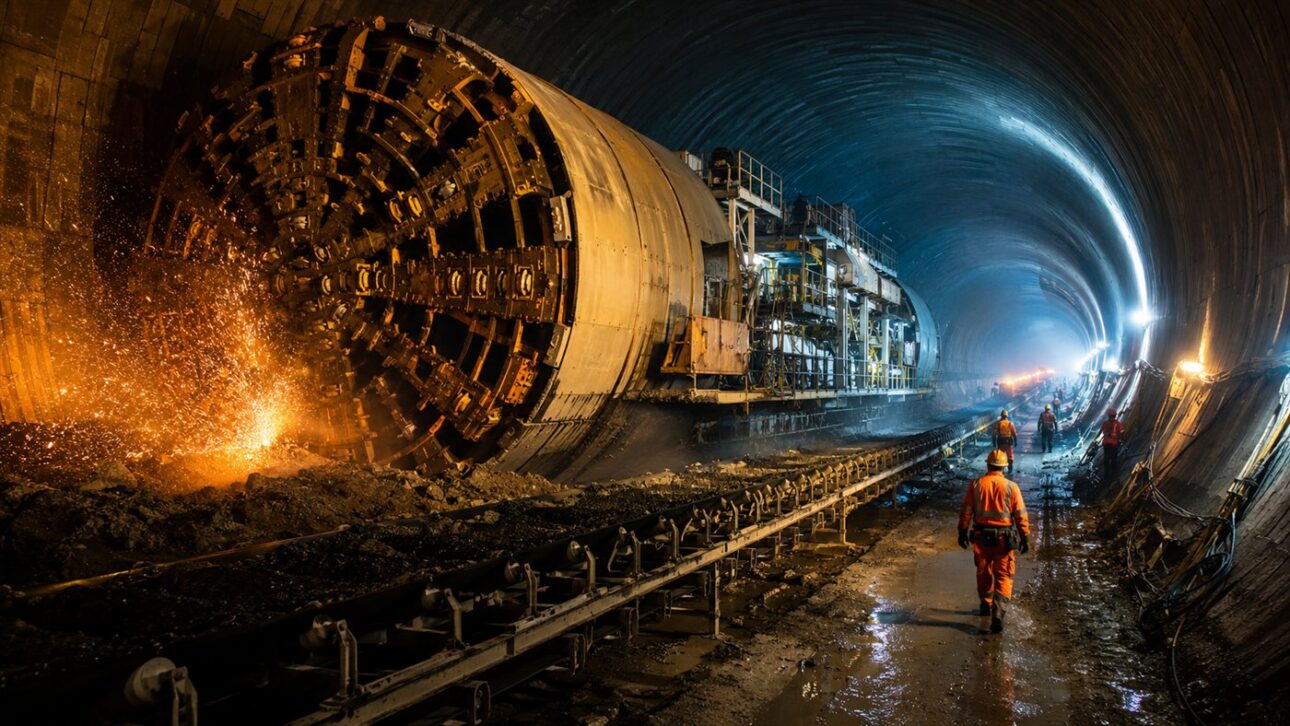 Perfuratriz gigante avança pela galeria escavada na rocha centenas de metros abaixo da montanha.