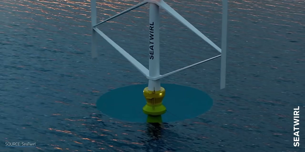 Concept of SeaTwirl's floating vertical axis wind turbine, with the structure rotating on a floating base and the generator positioned at sea level. Credit: SeaTwirl / Undecided with Matt Ferrell (YouTube).