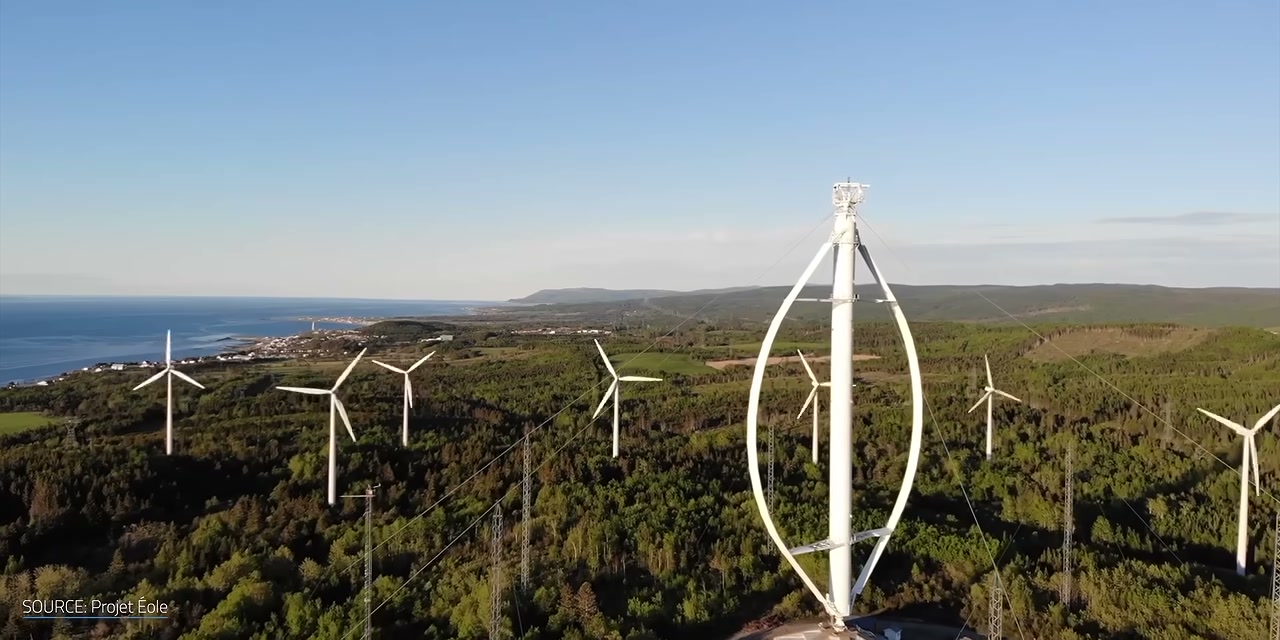 The Éole turbine, vertical axis, in Canada, the largest ever built of its kind, which operated for about five years before failing due to fatigue. Credit: Projet Éole / Undecided with Matt Ferrell (YouTube).