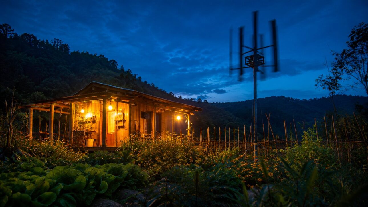A casa simples da família aparece iluminada ao anoitecer com a energia do vento.