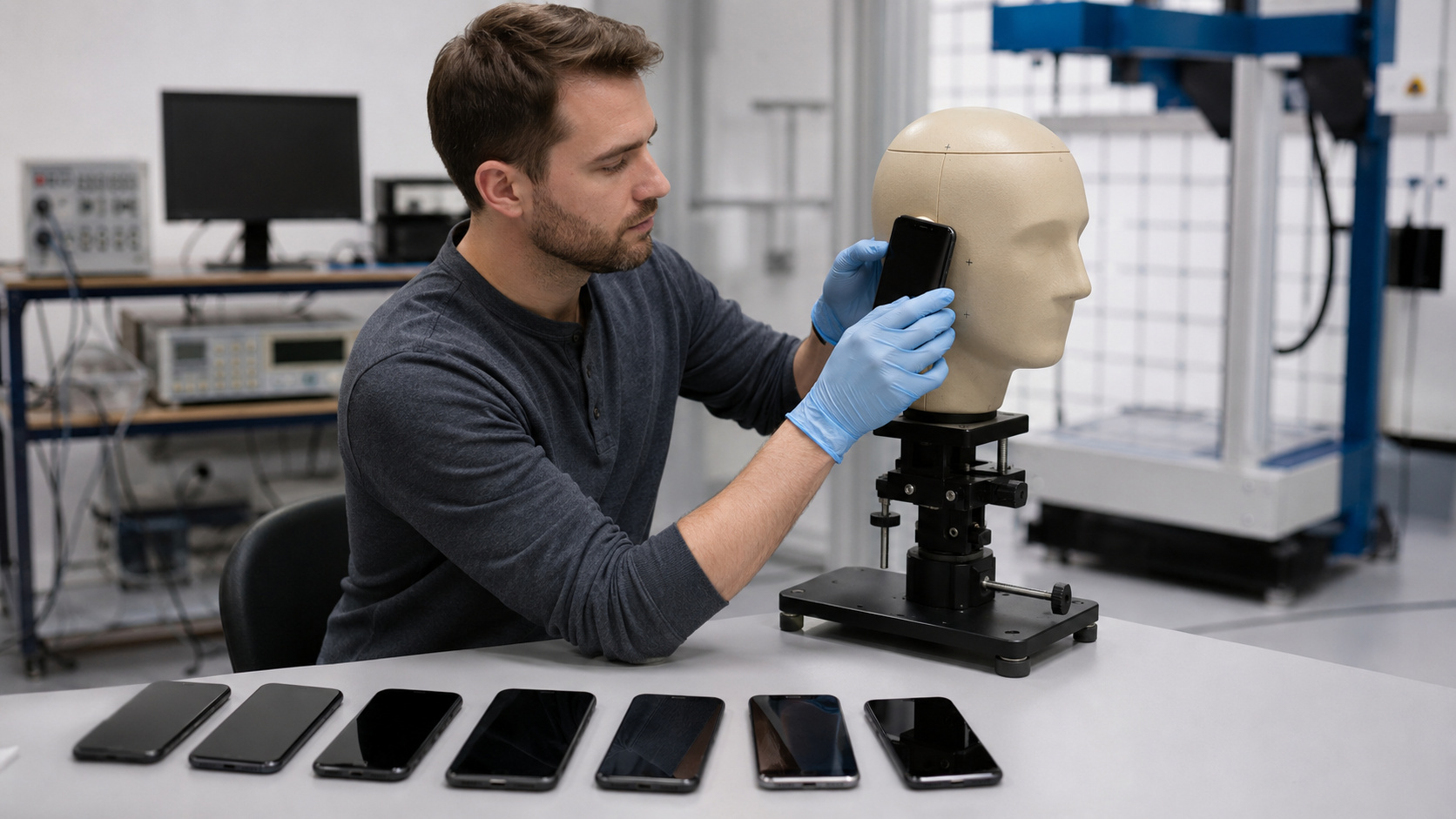 Técnico posiciona smartphone em cabeça de teste para medir a taxa SAR e comparar a radiação emitida por celulares.