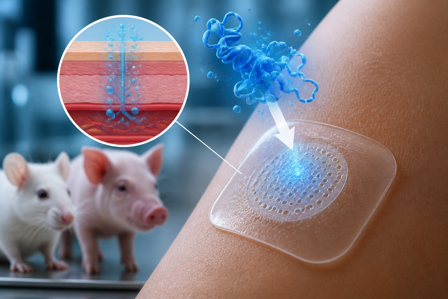 Imagem editorial sobre Universidade de Zhejiang testa entrega de insulina sem agulhas pela pele, com polímero inteligente que reduziu glicose em animais e pode