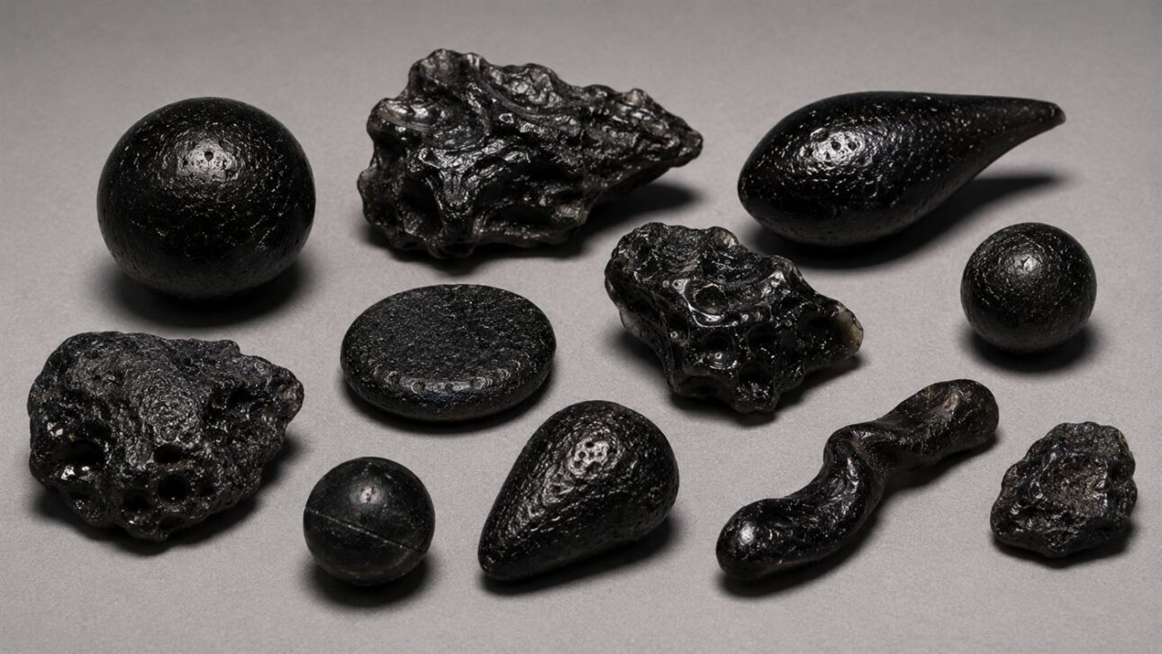 Os fragmentos são escuros e opacos, mas revelam um tom verde-acinzentado sob luz forte.