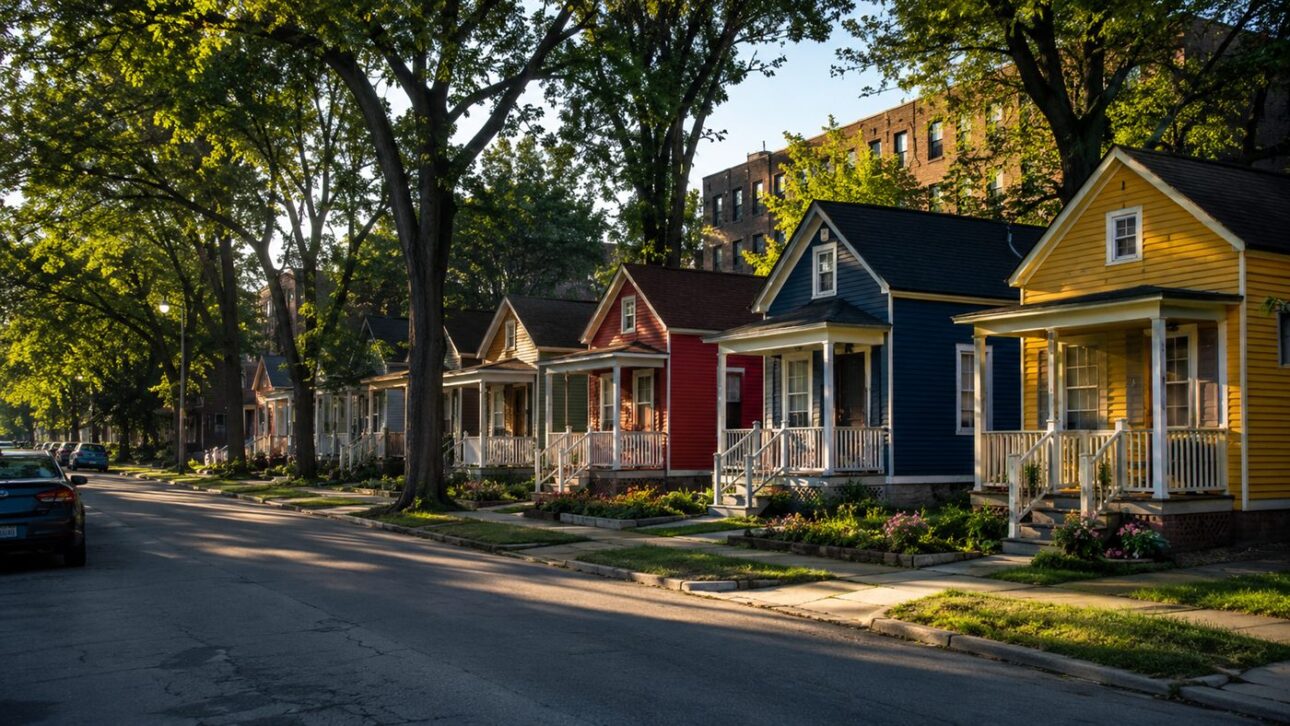 Fileira de microcasas coloridas de desenhos diferentes, cada uma com varanda e jardim, numa rua arborizada de Detroit.