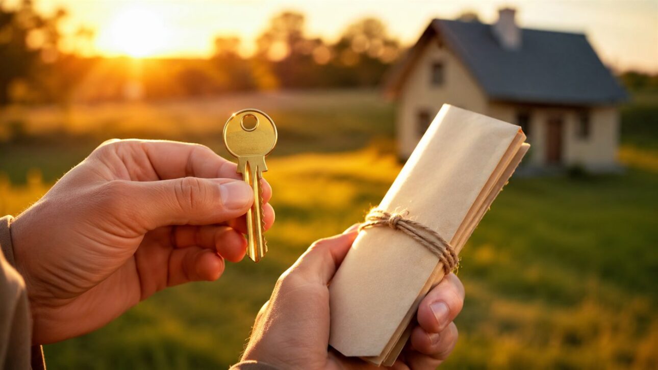 Chave e escritura nas mãos do novo proprietário de uma das microcasas.