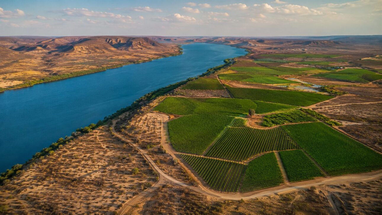 Vista aérea dos vinhedos verdes irrigados às margens do rio São Francisco, contrastando com o solo árido da região.