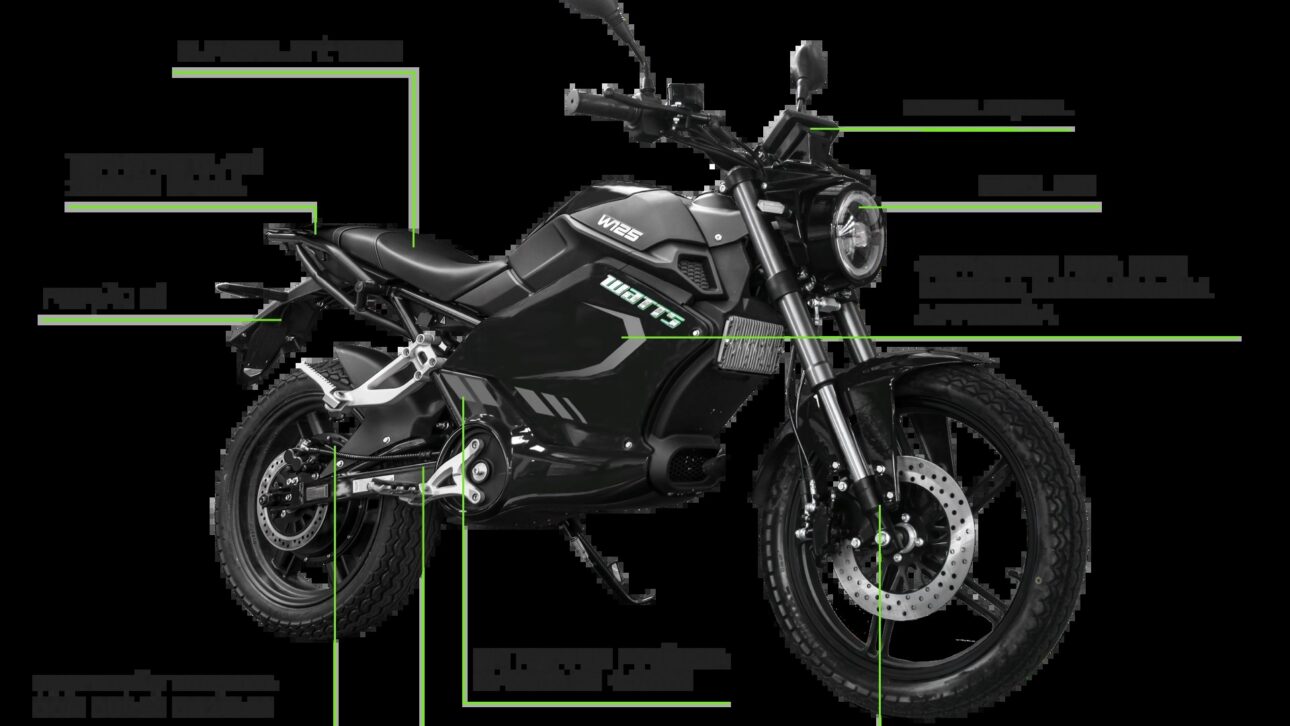 A moto elétrica Watts W125 em acabamento preto fosco, com farol de LED e painel digital que monitora as duas baterias. (Foto: Divulgação/Watts Mobilidade)