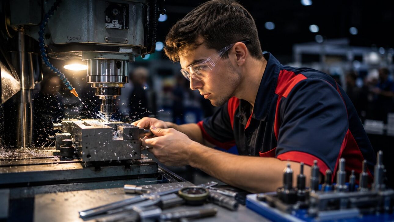 Jovem competidor opera máquina industrial de precisão em bancada de competição de profissões técnicas.