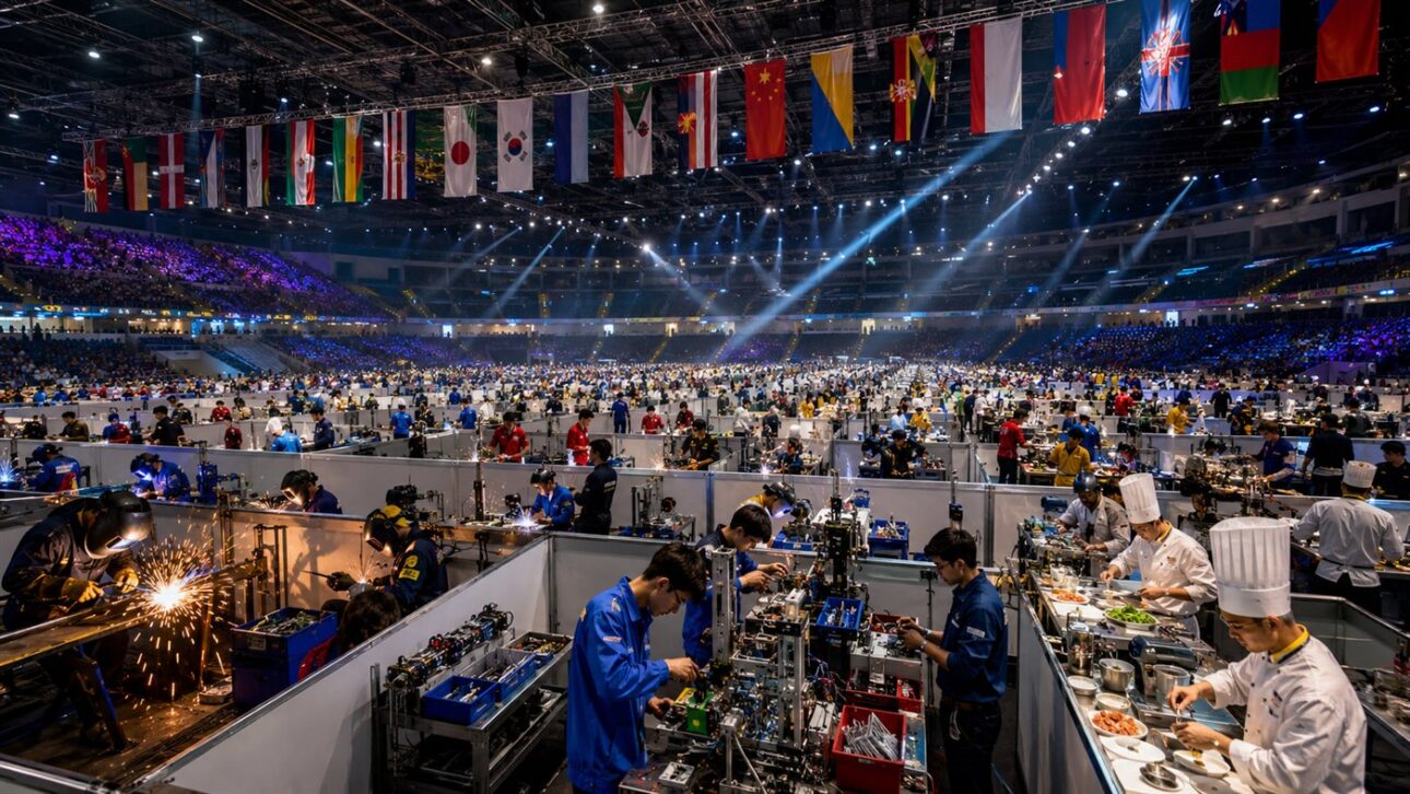Arena de competição internacional de profissões lotada, com bancadas de provas técnicas e bandeiras de dezenas de países.