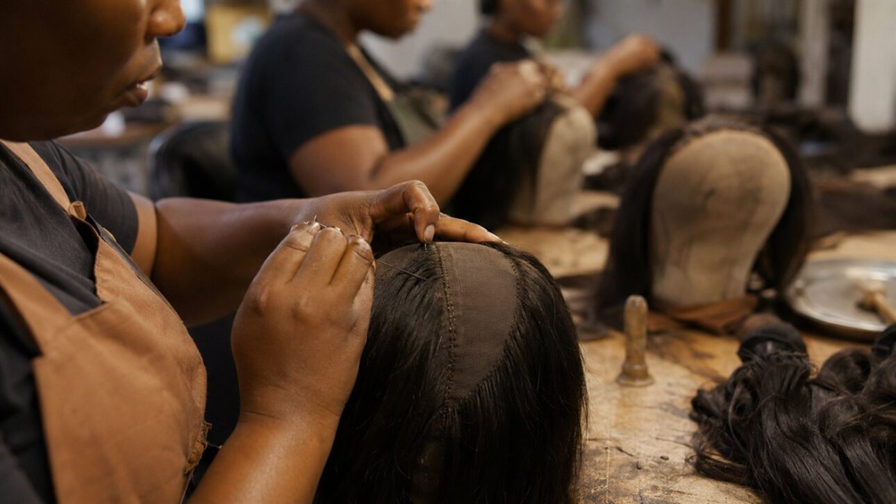 Workers sewing strands of human hair in a wig factory