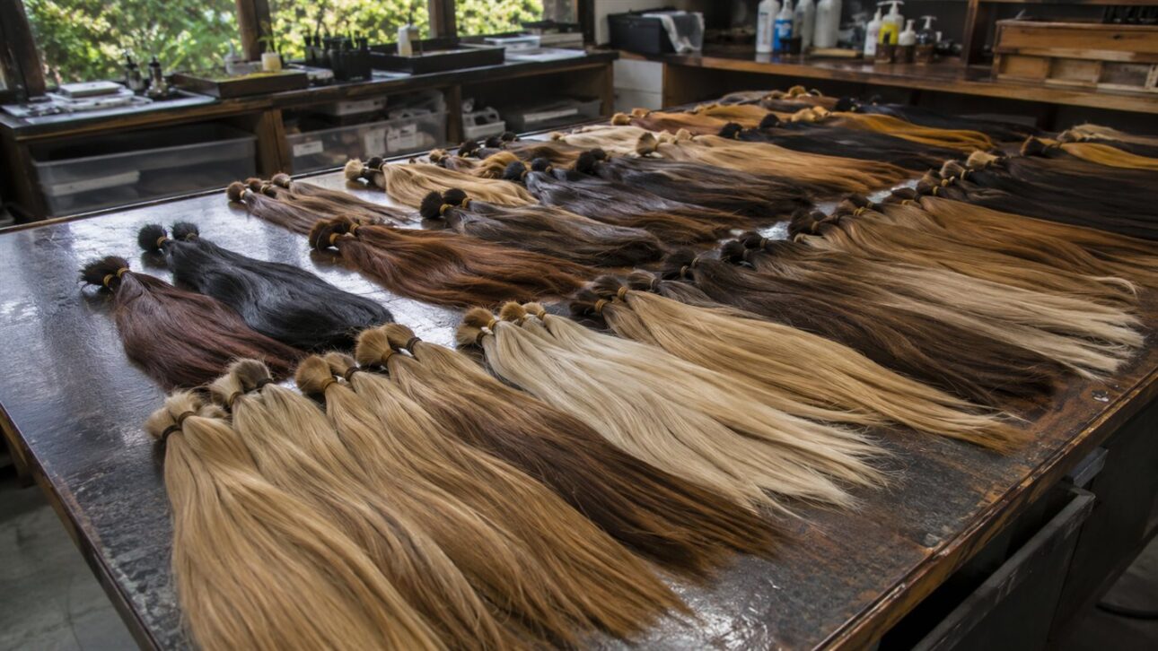 Strands of human hair sorted by color and length on a counter